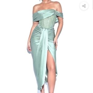 Off-Shoulder Sage Green High-Low Satin Skirt